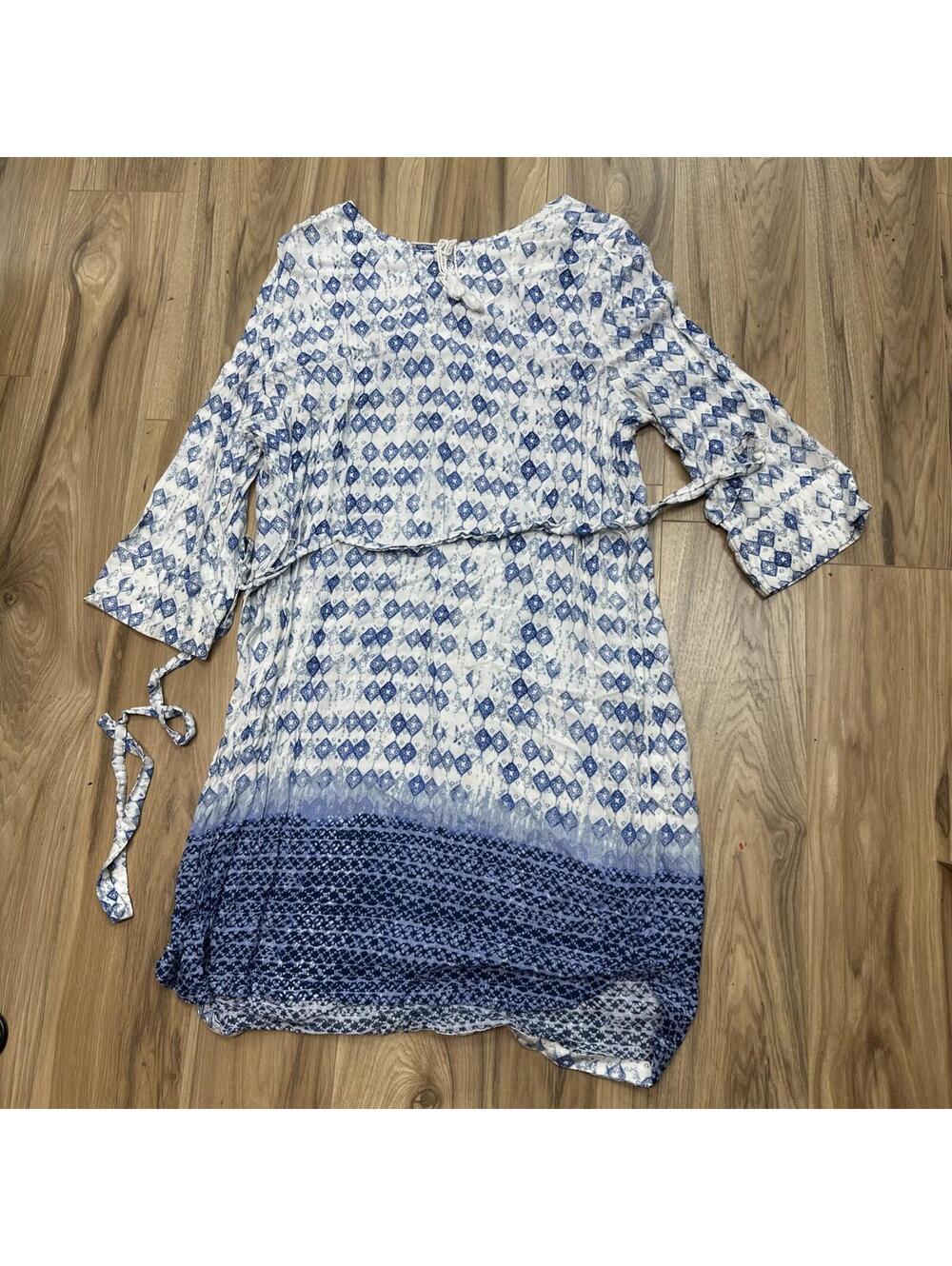 FADED GLORY Blue/White 3/4 Sleeve Dress Keyhole Tassel XL